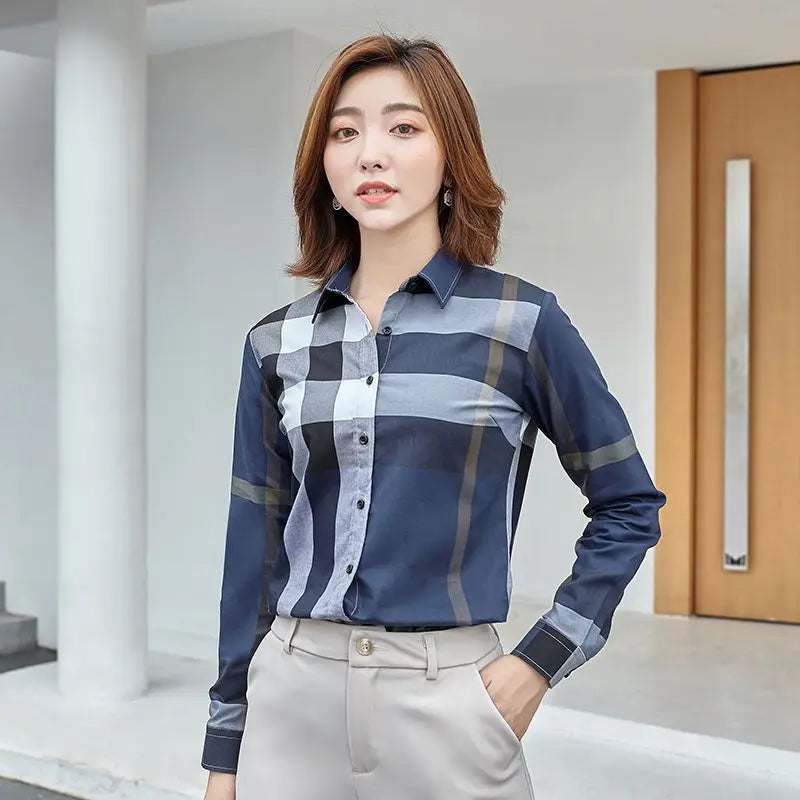 Advanced Plaid Shirt Women's Spring and Autumn Cotton Casual Small Versatile Top