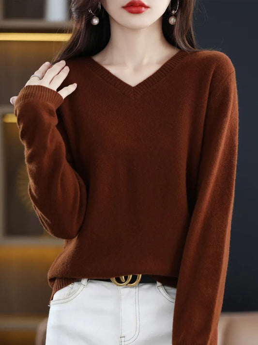 Cashmere Sweater Women's Knitting Sweater 100% Pure Wool Winter V-neck Chic Top Warm Pullover