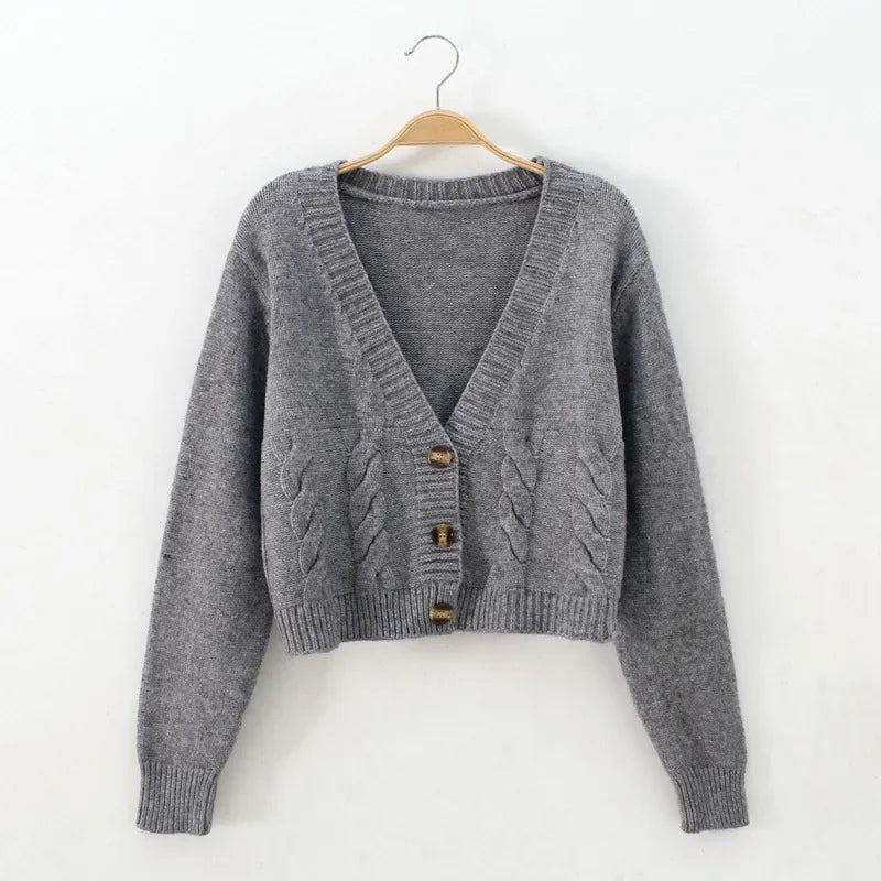 V Neck Cropped Cardigan Women Long Sleeve Knitted Sweater Coats