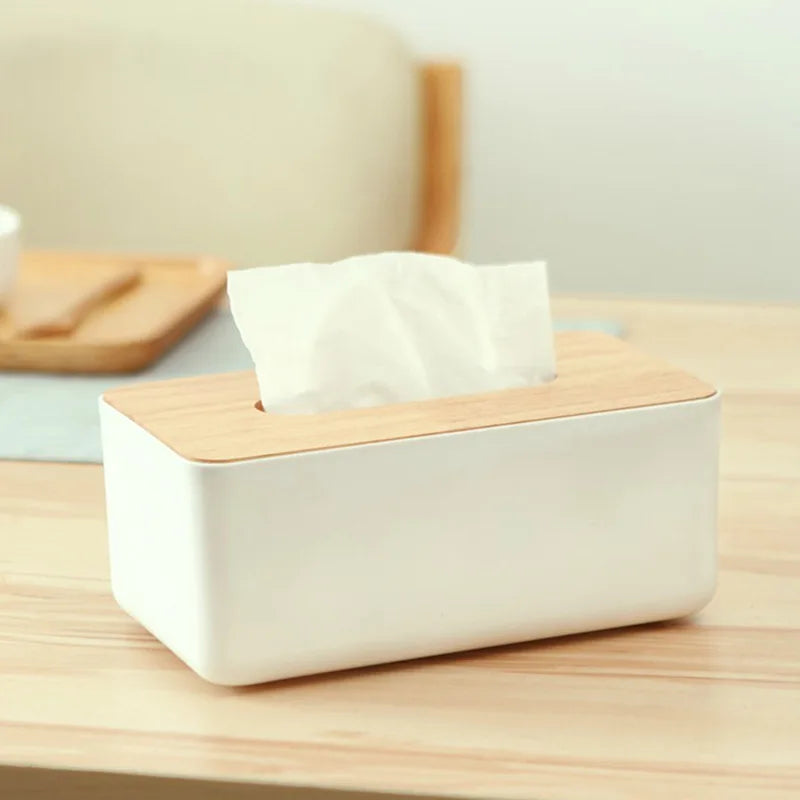 Plastic Tissue Box Wooden Lid Round Square Napkin Holder Container