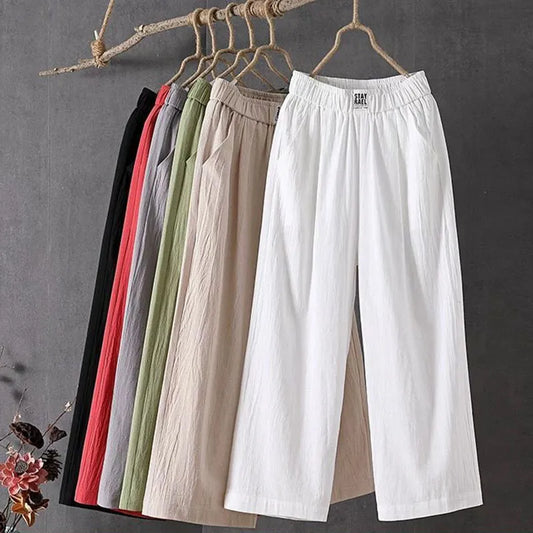 Summer Elastic Waist Women Pants Casual Cotton Linen Ankle Length Pants Female Loose Trousers