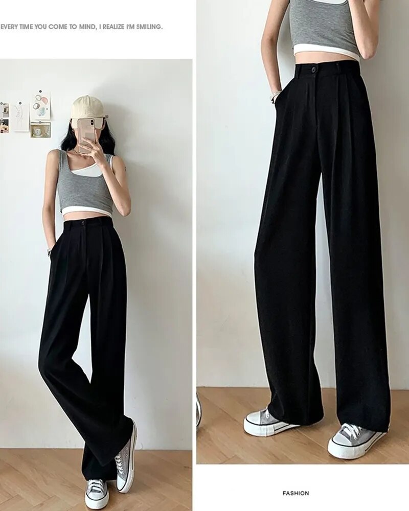 Women's Wide Leg Pants Loose High Waist Casual Trousers Woman Solid Office Straight Pants