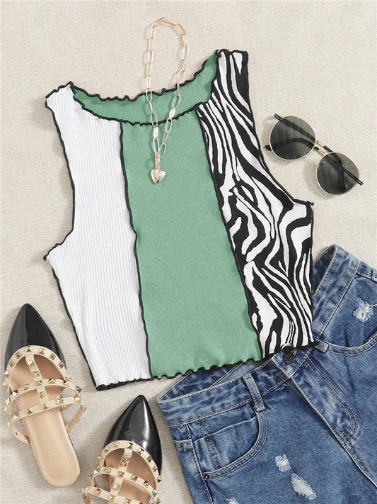 Zebra Stripe Graphic Patchwork Rib Knit Ruched Crop Vest Women Clothes Summer Sleeveless Tank Tops