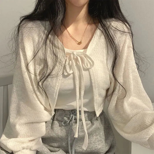 White Knitted Cardigan Women Summer Thin Lace-Up Knitwear Tops Female Lantern Sleeve Short Coat