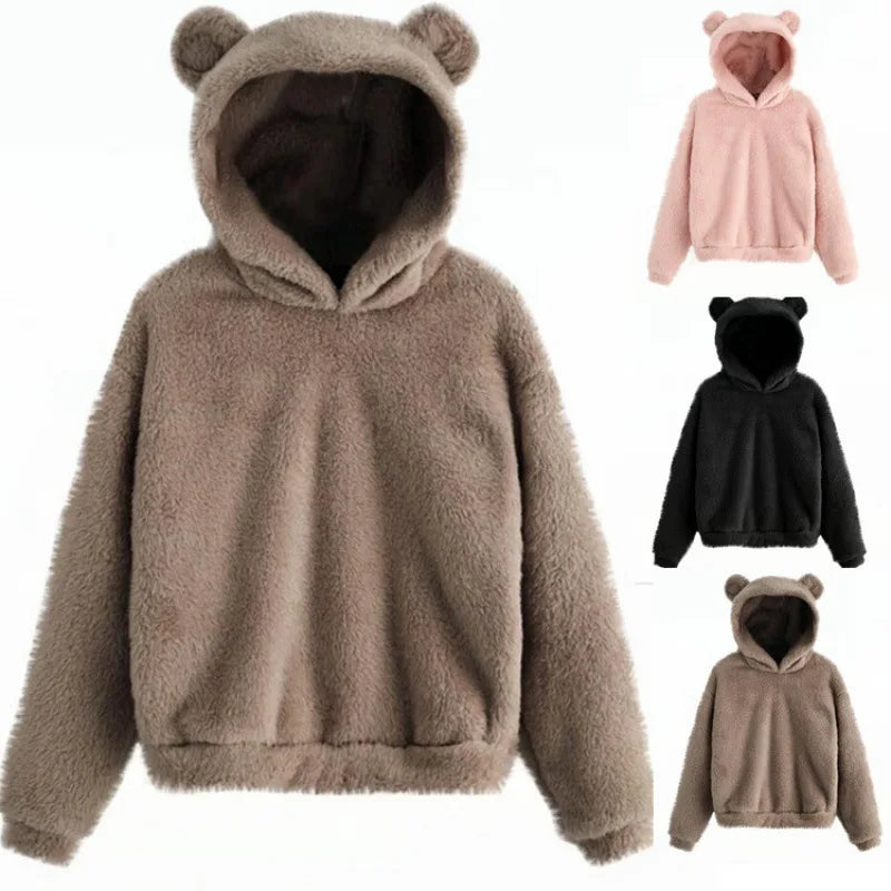 Women's Hoodies Winter Women Long Sleeve Rabbit Ear Hood Sweatshirt Cute Plush Warm Casual