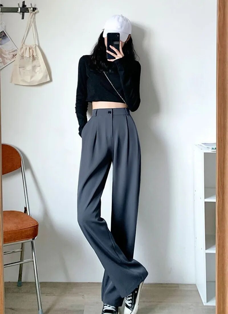 Women's Wide Leg Pants Loose High Waist Casual Trousers Woman Solid Office Straight Pants