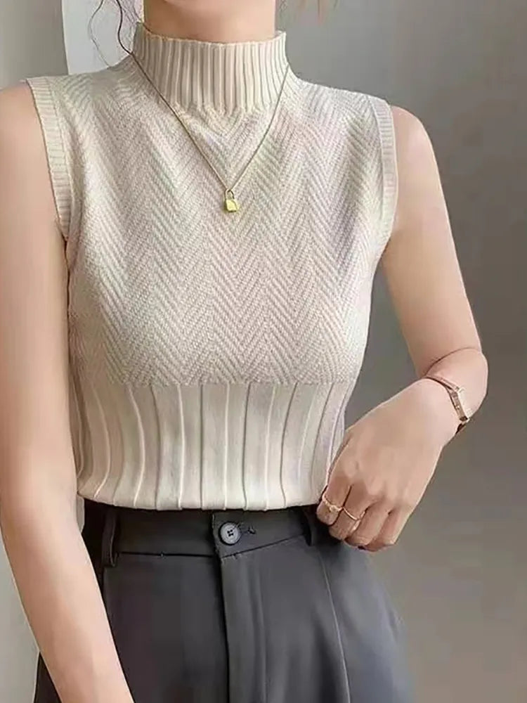 Women Summer Casual Knitted Tank Tops Solid Sleeveless Half High Collar Slim Base Shirt