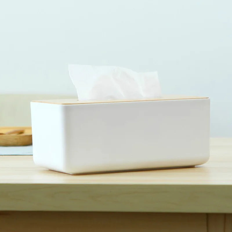 Plastic Tissue Box Wooden Lid Round Square Napkin Holder Container