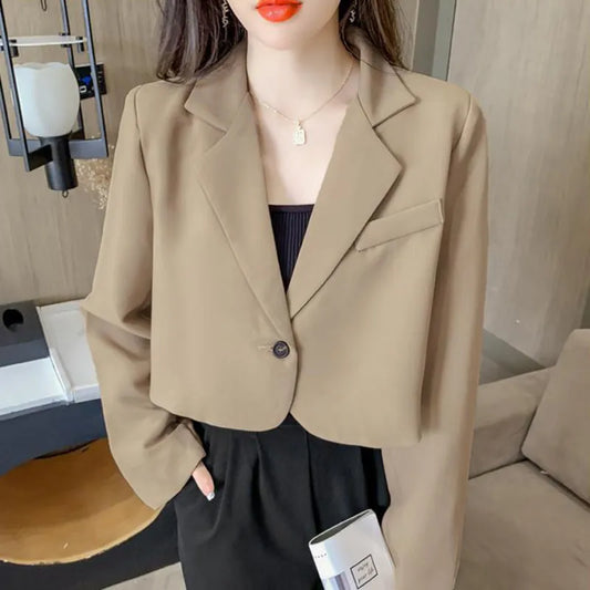 Cropped Blazers Women Solid Color Simple Single-button Outwear All-match Long Sleeve Suit Jacket