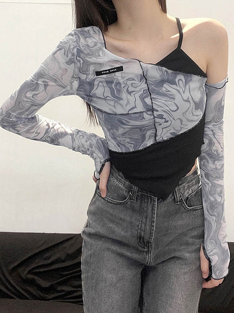 Sleeve T-Shirts Women Sexy Cute Slope Neck Ruffles Fashion Tide Autumn Crop Tops