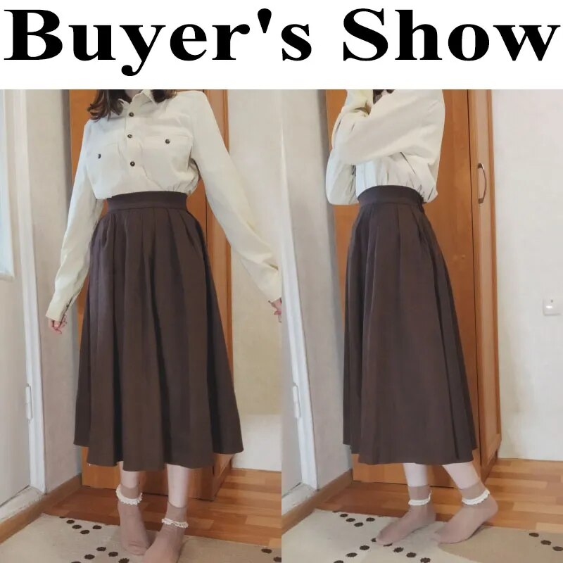 Vintage Brown High Waist Pleated Skirt Women Long Skirt Ladies Casual A line Skirts