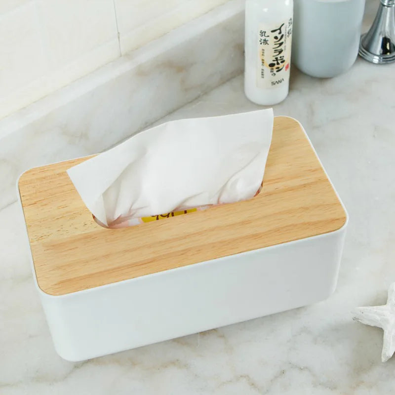 Plastic Tissue Box Wooden Lid Round Square Napkin Holder Container