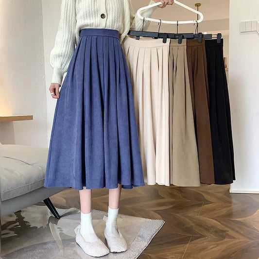 Vintage Brown High Waist Pleated Skirt Women Long Skirt Ladies Casual A line Skirts