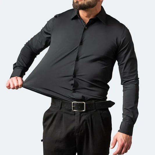 6xl elastic force non-iron men's long-sleeved business casual shirt solid color vertical shirt