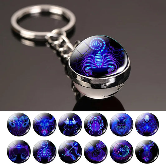 Creative 12 Key Ring Time Stone Double-Sided Glass Ball Metal Keychain Pendant Key Chain