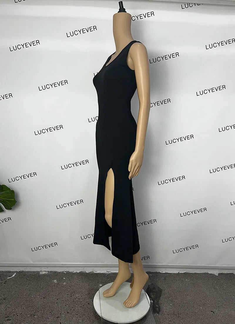 Black Sleeveless Strap Dress Women Sexy Slim Fit Side Slit Irregular Maxi Dress woman