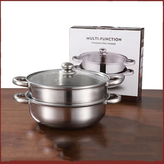 2-Tier Stainless Steel Steamer Multilayer Pot Cookware Pot With Tempered Glass Lid