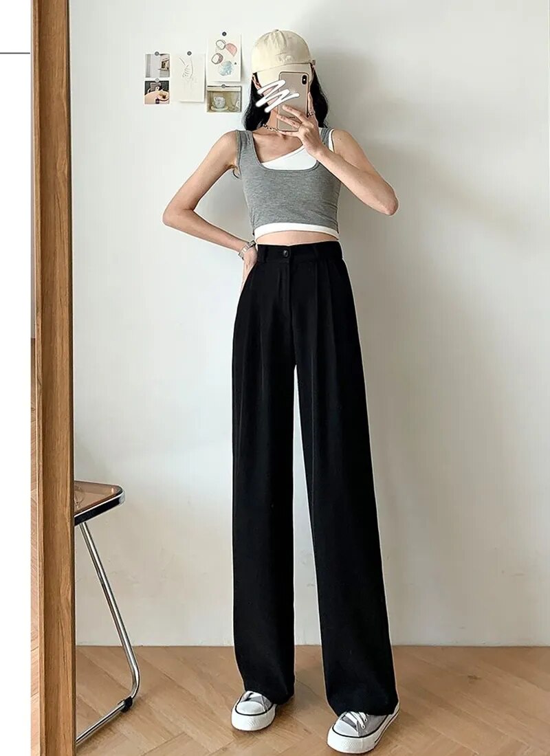 Women's Wide Leg Pants Loose High Waist Casual Trousers Woman Solid Office Straight Pants