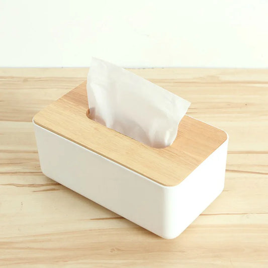 Plastic Tissue Box Wooden Lid Round Square Napkin Holder Container