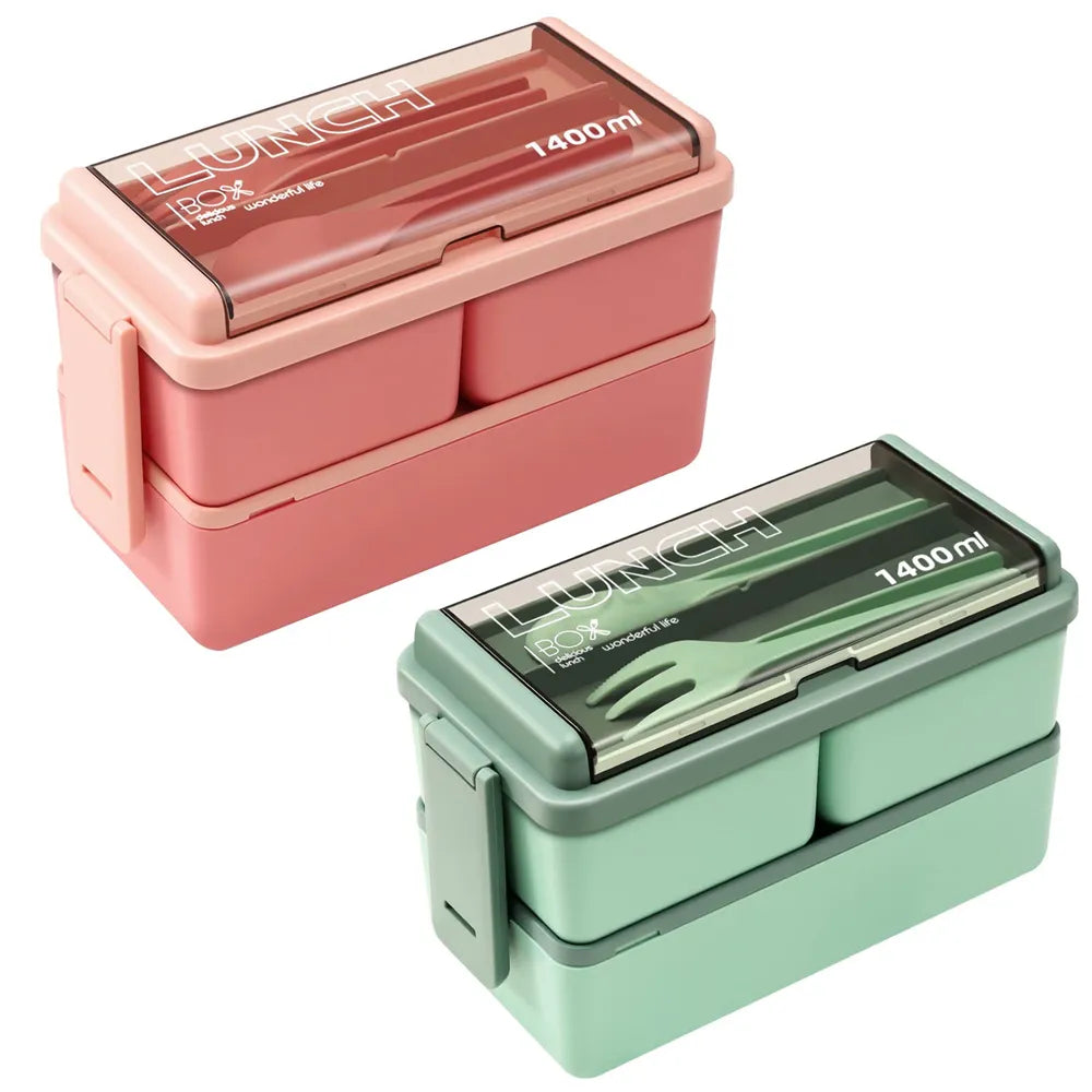 Double Layer Portable Lunch Box For Kids With Fork and Spoon Microwave Bento Boxes