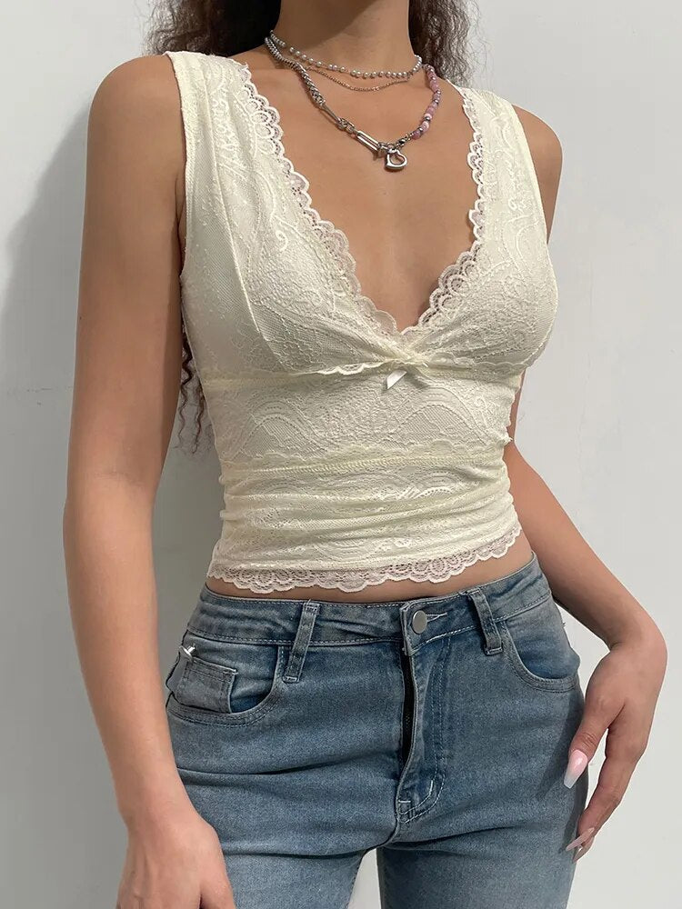 Cute V Neck Tank Top Cropped Vest Slim Bow Lace Top Women Cloth