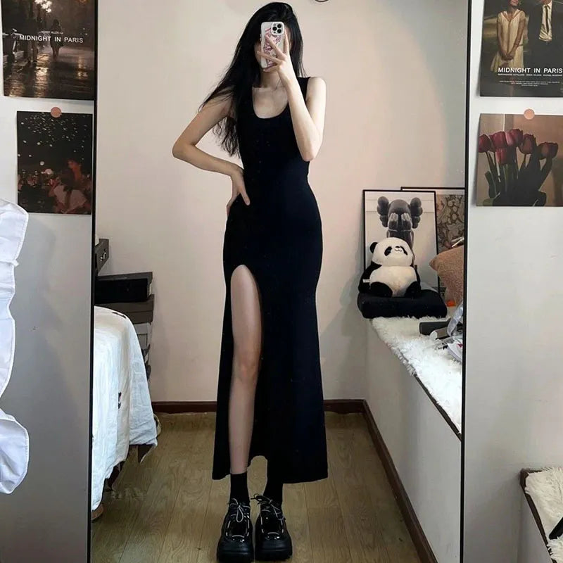 Black Sleeveless Strap Dress Women Sexy Slim Fit Side Slit Irregular Maxi Dress woman