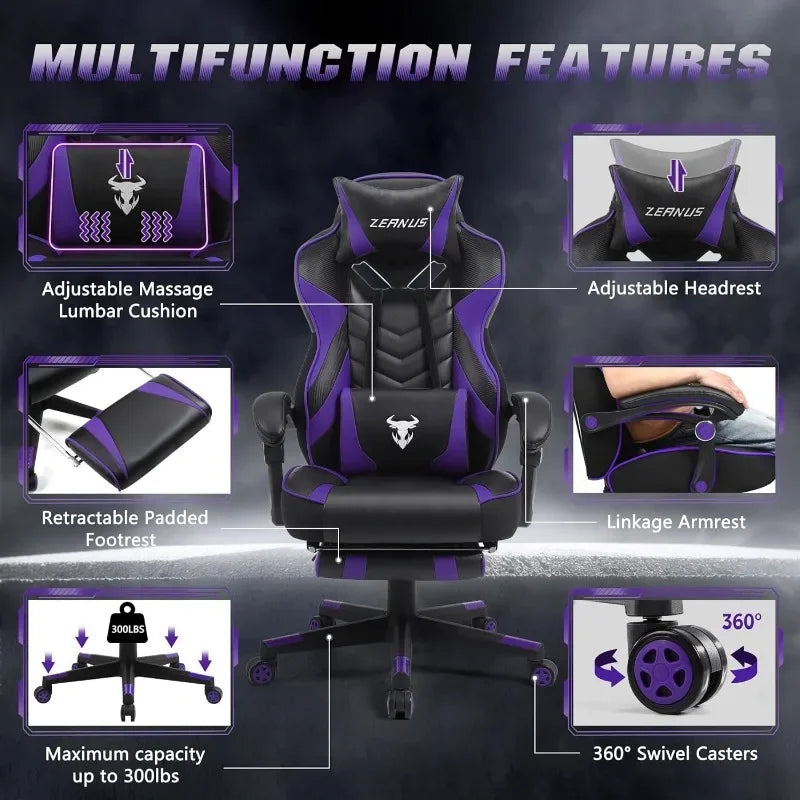 Gaming Chair Reclining Computer Chair with Footrest High Back Gamer Chair with Massage