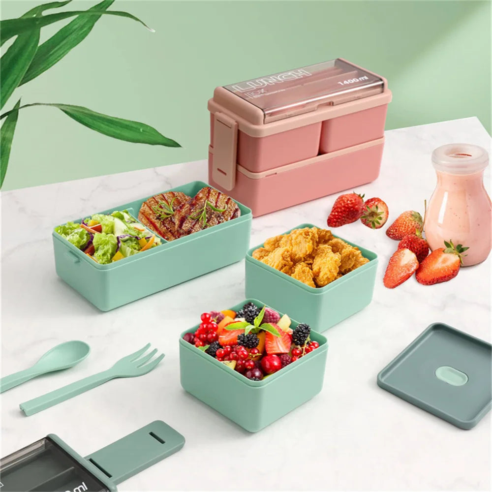 Double Layer Portable Lunch Box For Kids With Fork and Spoon Microwave Bento Boxes