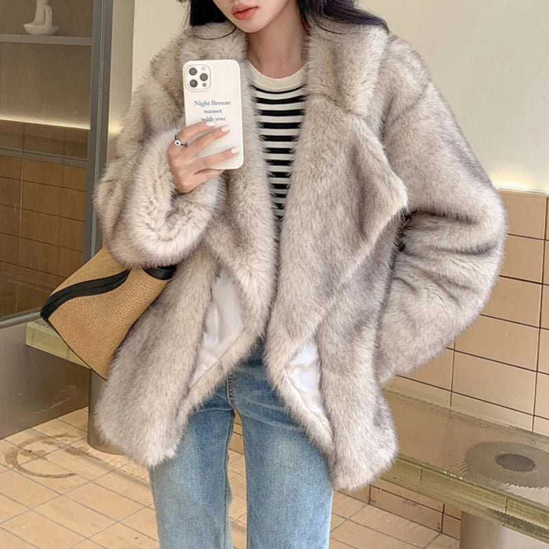 Fashion Faux Fur Coat Jacket Women Winter Loose Oversized Long Fluffy Overcoat Outerwear