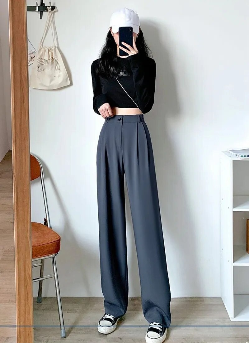 Women's Wide Leg Pants Loose High Waist Casual Trousers Woman Solid Office Straight Pants