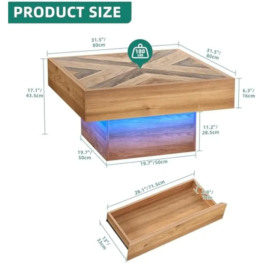 Coffee table Living room square coffee table Wooden LED with storage Table with 2 drawers