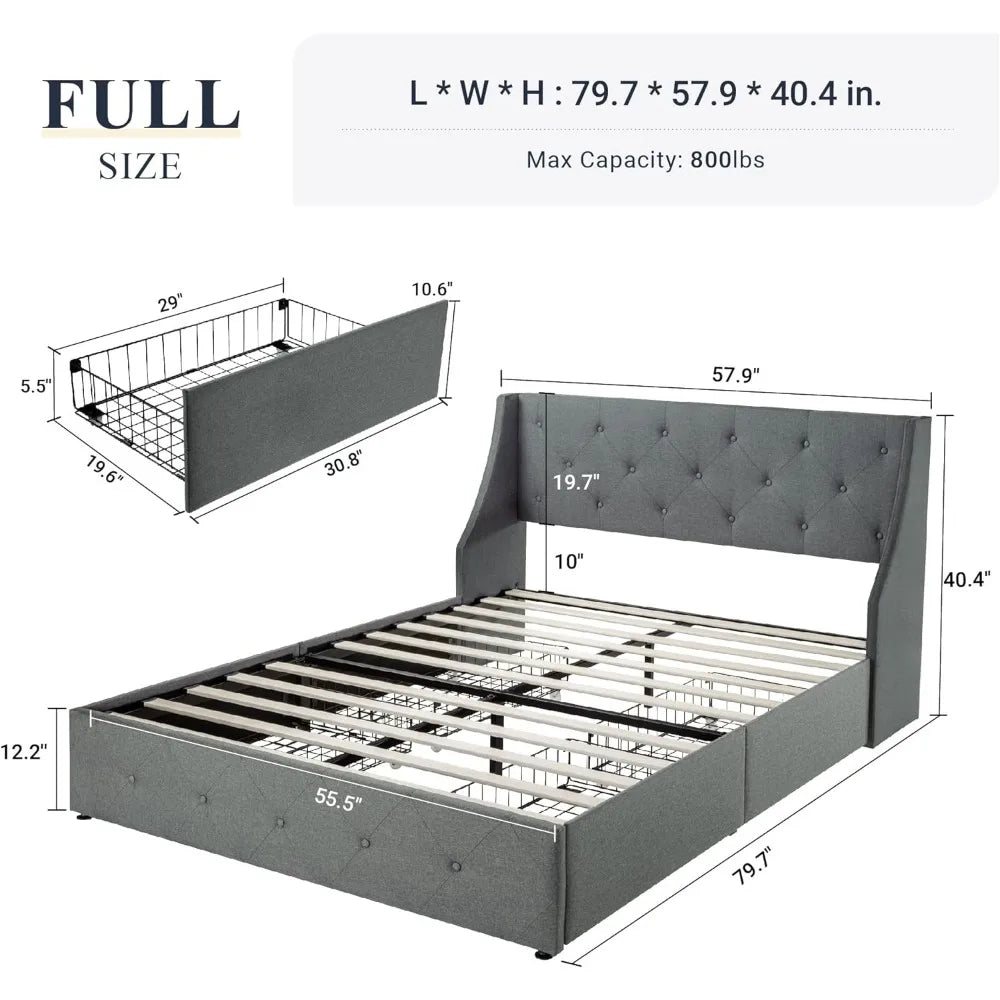 Bedroom furniture full-size bed frame with 4 storage drawers and back headboard