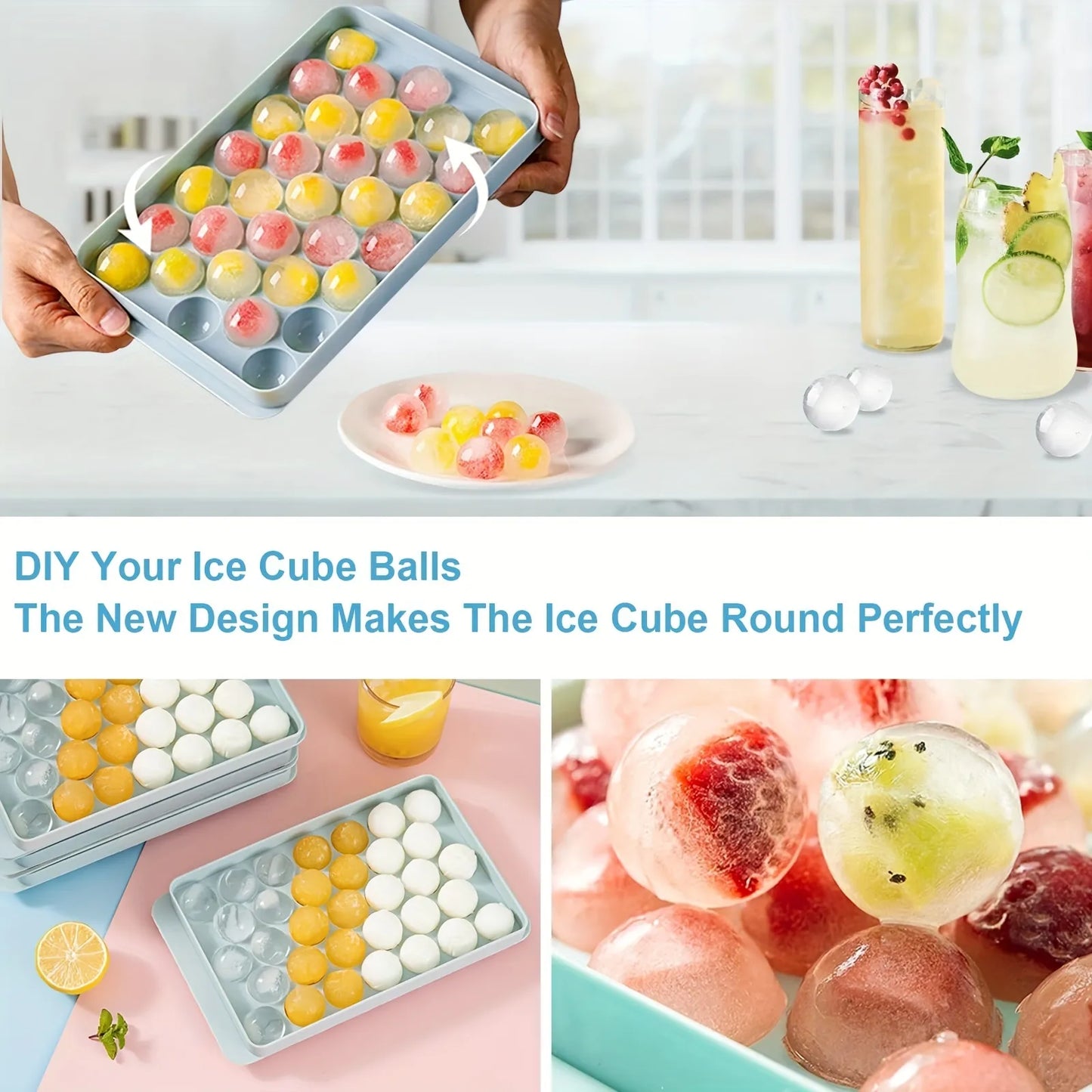 Round Ice Cube Tray with Lid & Bin Ice Ball Maker Mold for Freezer with Container