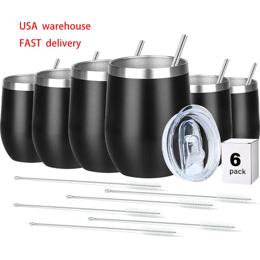 6 Pack 12oz Wine Coffee Tumbler With Lid And Metal Straw Cup Vacuum Insulated Double Wall Mug