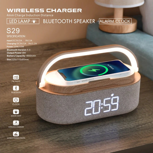 Wireless Charger Portable Digital Alarm Clock Bluetooth Speaker Radio Touch Night Light Dual Home