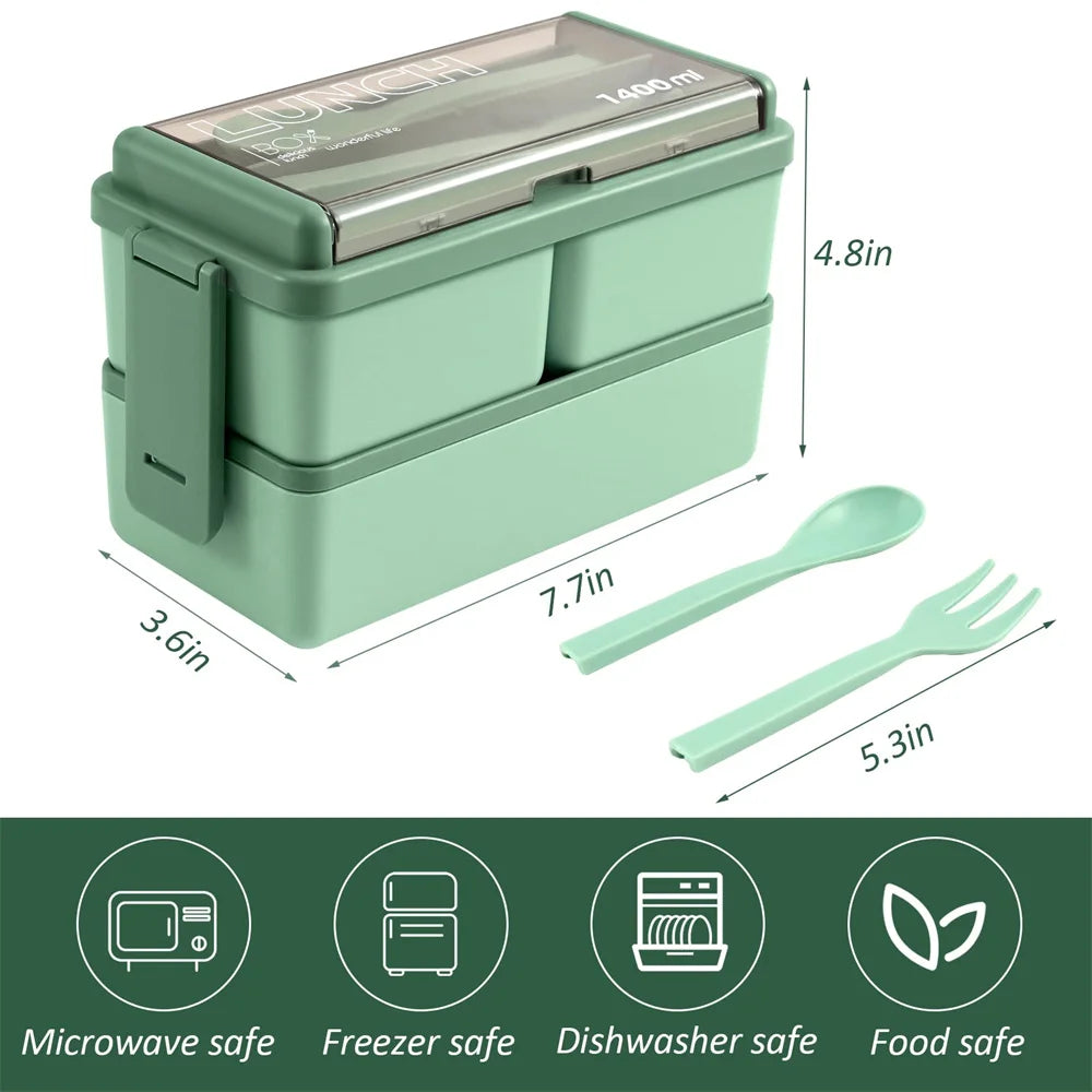 Double Layer Portable Lunch Box For Kids With Fork and Spoon Microwave Bento Boxes