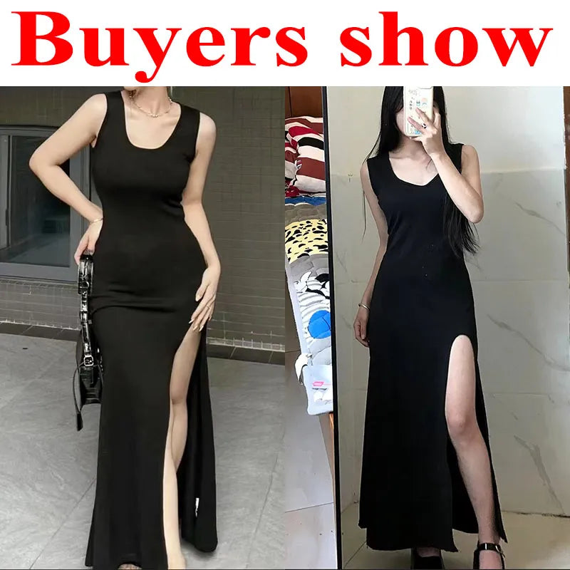 Black Sleeveless Strap Dress Women Sexy Slim Fit Side Slit Irregular Maxi Dress woman