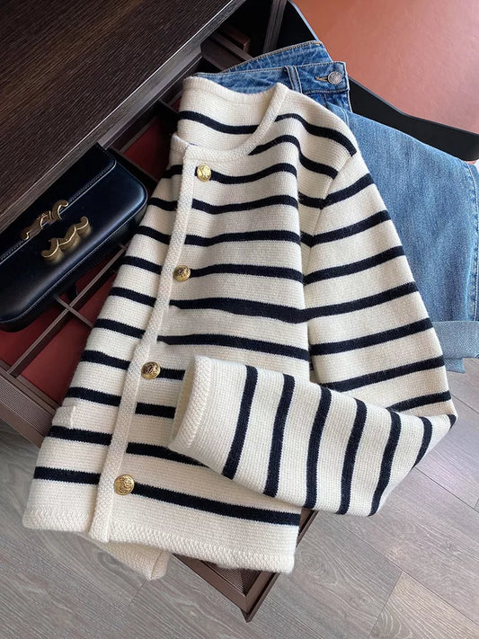 Women Spring Autumn Sweaters O-neck Stripe Knitted Cardigan Fashion Long Sleeve