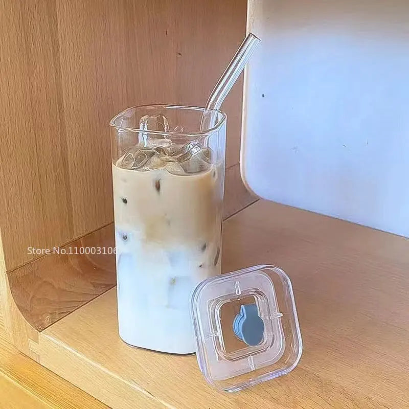 Square Heat Resistant Glass Cup with Lip and Straw Milk Tea Coffee Cup Mugs Drinkware