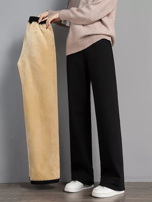 Women Warm Winter Plush Thick Pants Lambskin Cashmere Trousers High Waist Cotton Fleece