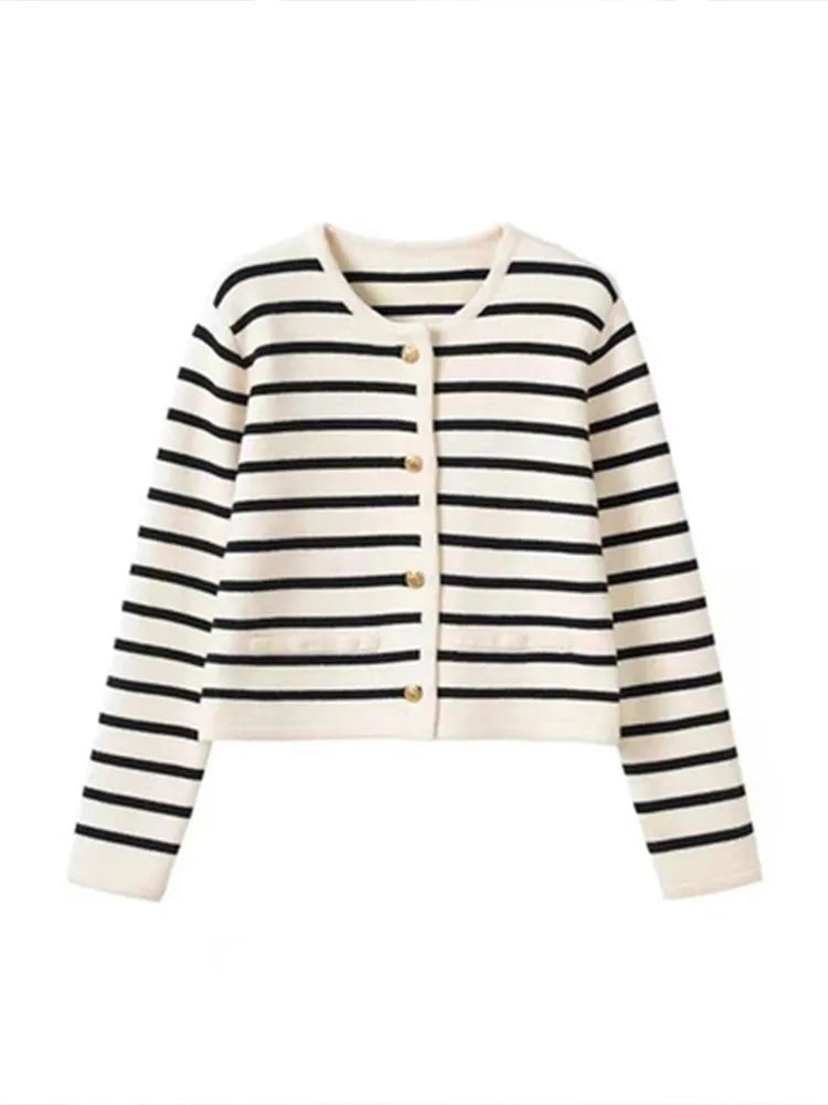 Women Spring Autumn Sweaters O-neck Stripe Knitted Cardigan Fashion Long Sleeve