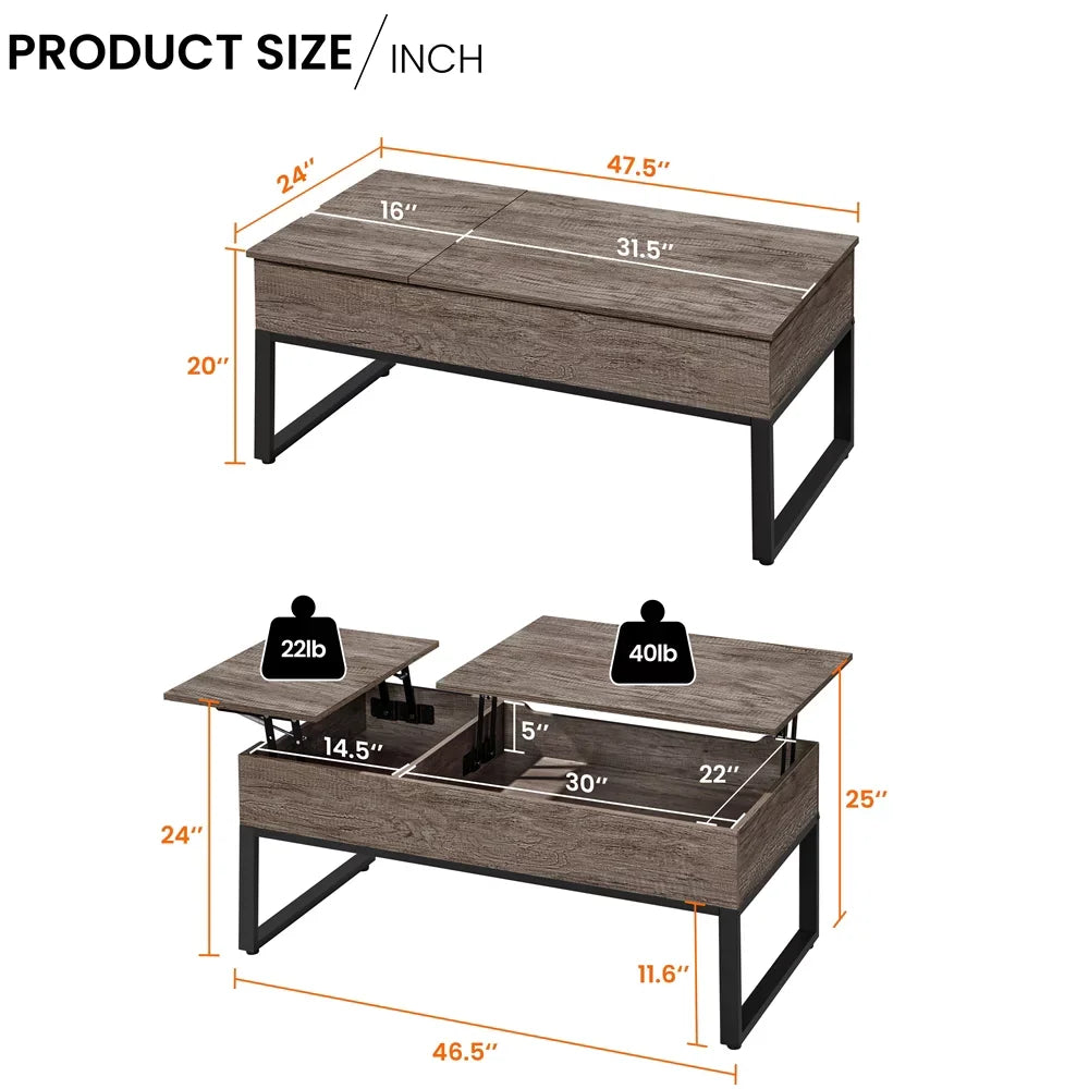 Lift Top Coffee Table with Hidden Storage Compartments, Wood