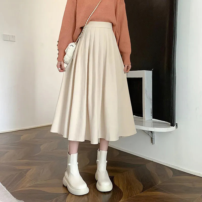 Vintage Brown High Waist Pleated Skirt Women Long Skirt Ladies Casual A line Skirts