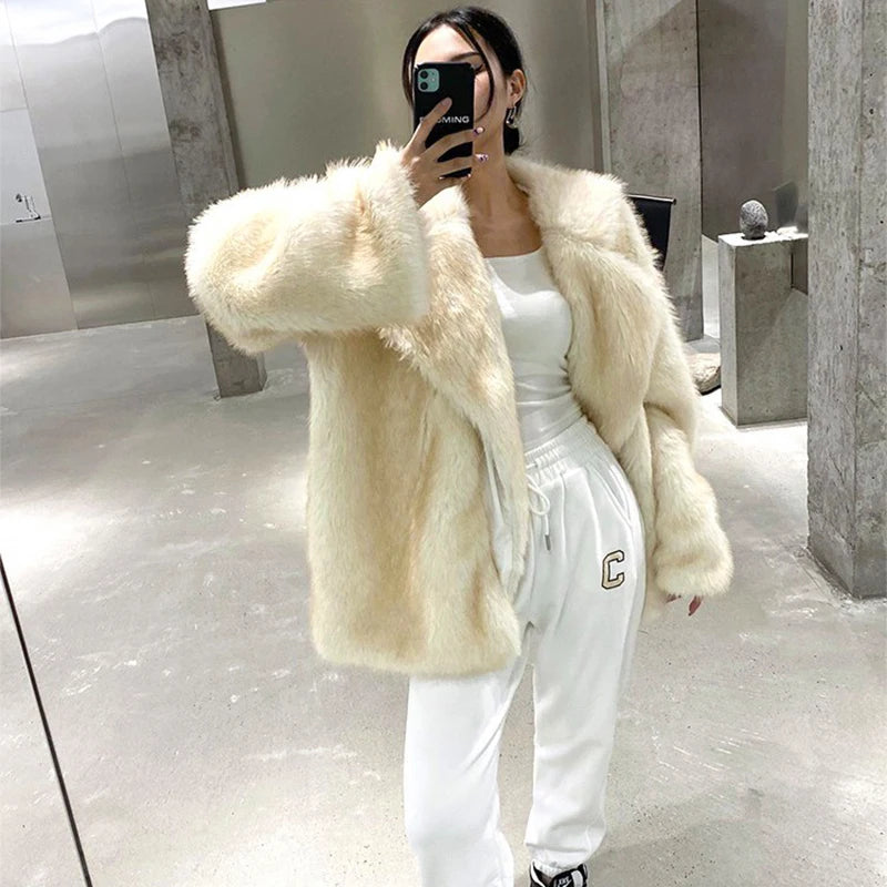 Fashion Faux Fur Coat Jacket Women Winter Loose Oversized Long Fluffy Overcoat Outerwear