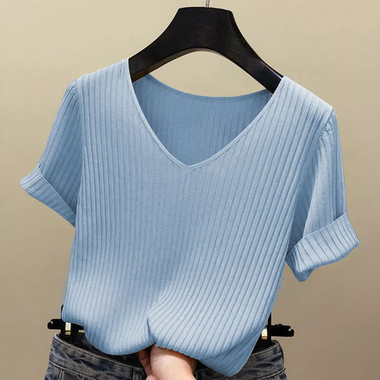 Women V-neck short-sleeved T shirt Thin Office Lady Cloth Short Sleeve slim Tops solid T-shirts