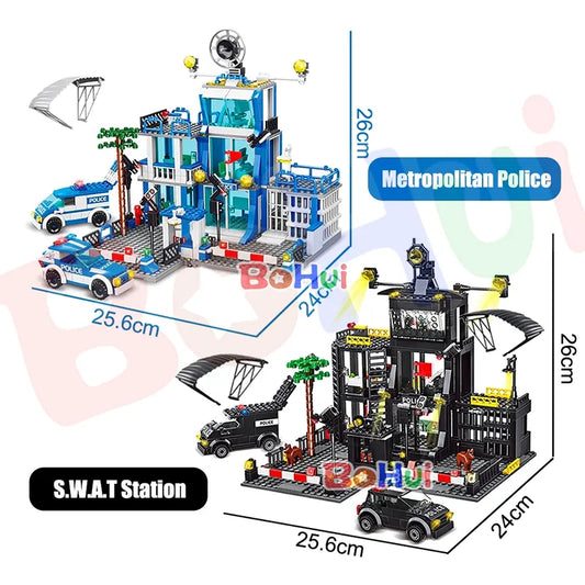 Police Station Military City Model Set Prison Car Policeman Boat Figures Building Blocks DIY Toy