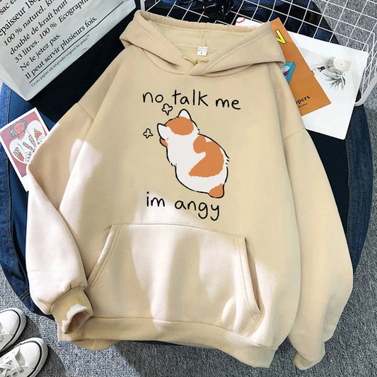 Cute Angry Cat Print Women Hoody Hip Hop Soft Sweatshirt Casual Fleece Sweatshirt Oversize Fleece