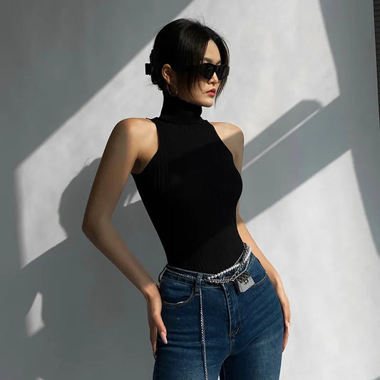 Women Black Off Shoulder Tank Tops Turtleneck Tops Women Knitted Tees Round Neck Solid Cloth