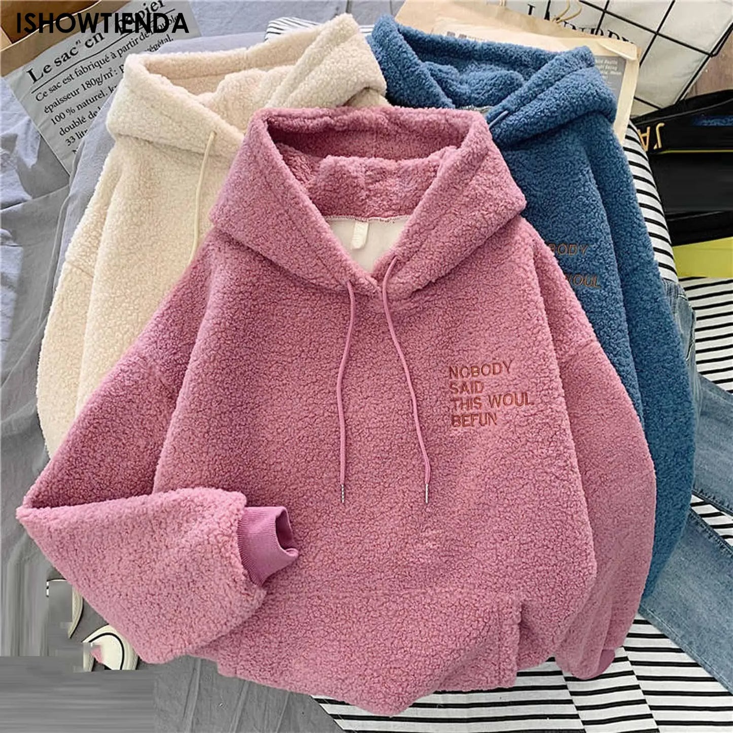 Fluffy Hoodie Top Women Casual Hooded Pullovers V Neck Fleece sweatshirt