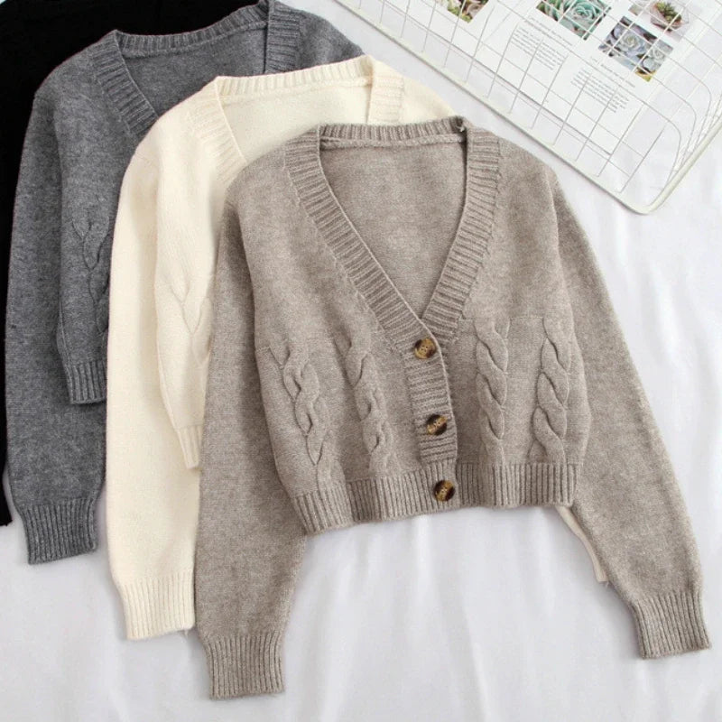 V Neck Cropped Cardigan Women Long Sleeve Knitted Sweater Coats